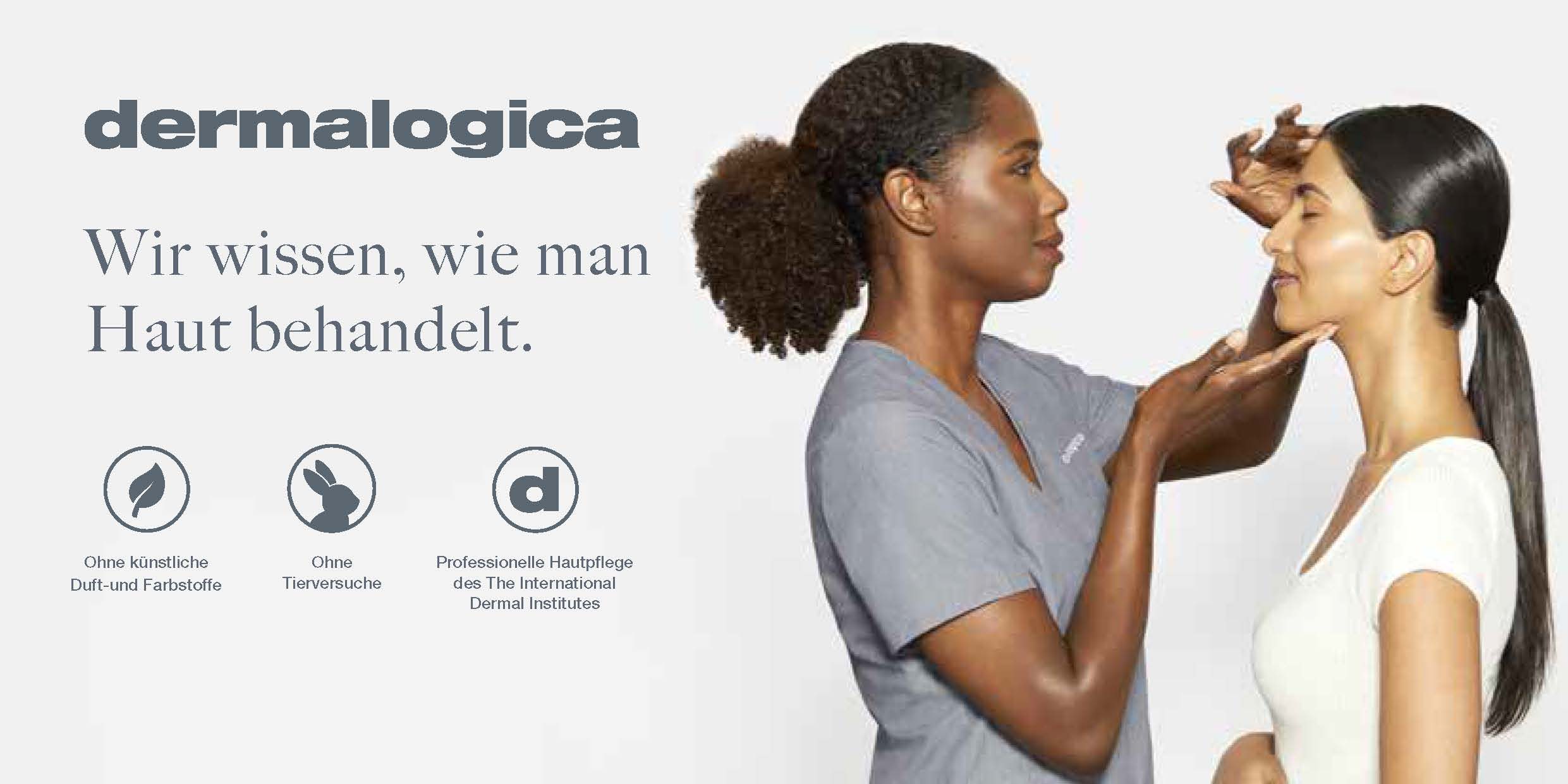 Dermalogica Hautpflege-Behandlung: Eine professionelle Kosmetikerin analysiert die Haut einer Kundin. Dermalogica steht für tierversuchsfreie, parfümfreie und dermatologisch geprüfte Hautpflege.