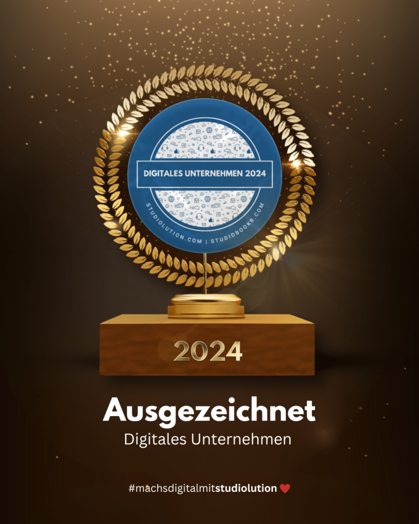 Liebreiz Kosmetik wurde 2024 als ‚Digitales Unternehmen‘ ausgezeichnet. Goldene Trophäe mit Lorbeerkranz und blauer Plakette von Studiolution. Die Ehrung unterstreicht die digitale Exzellenz des Unternehmens. #machsdigitalmitstudiolution